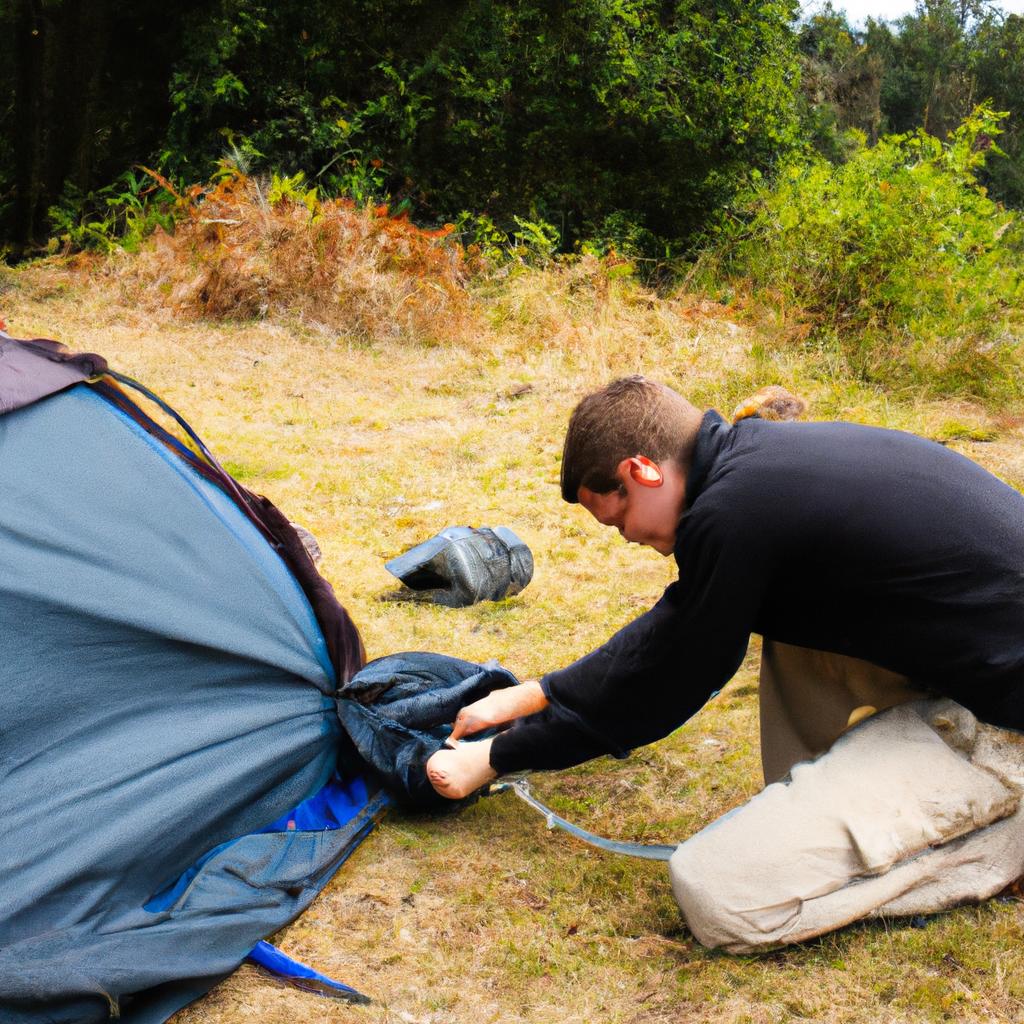 Person setting up camping gear